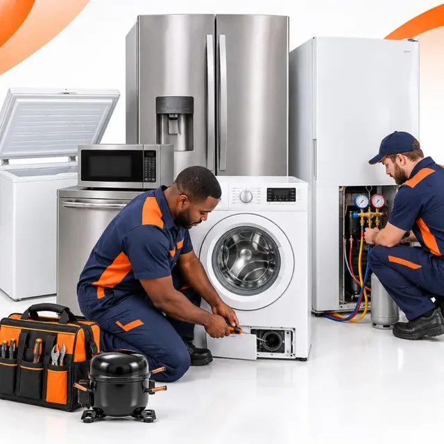 Two Electro technicians working among a group of household appliances, including a fridge, freezer, washing machine, oven and microwave