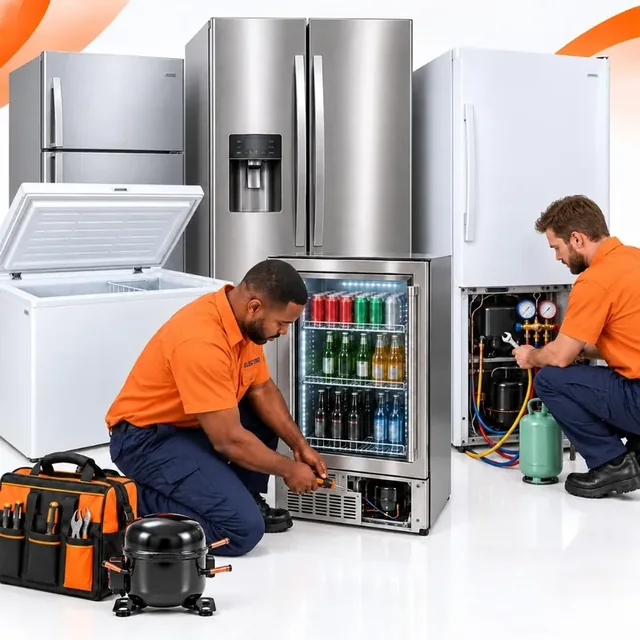 Two Electro technicians repairing several household fridge types, including a side-by-side fridge, a beverage fridge and a chest freezer