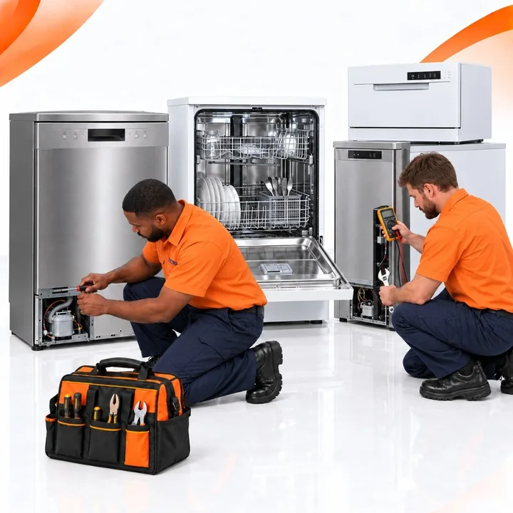 Technicians carrying out dishwasher repairs