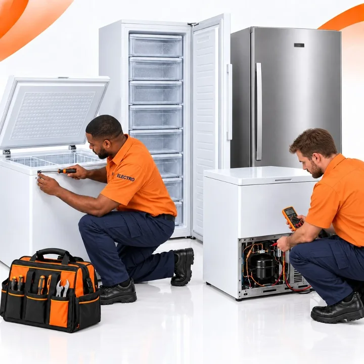 Technicians working on household freezer repairs