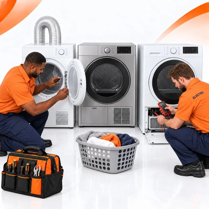 Technicians carrying out tumble dryer repairs