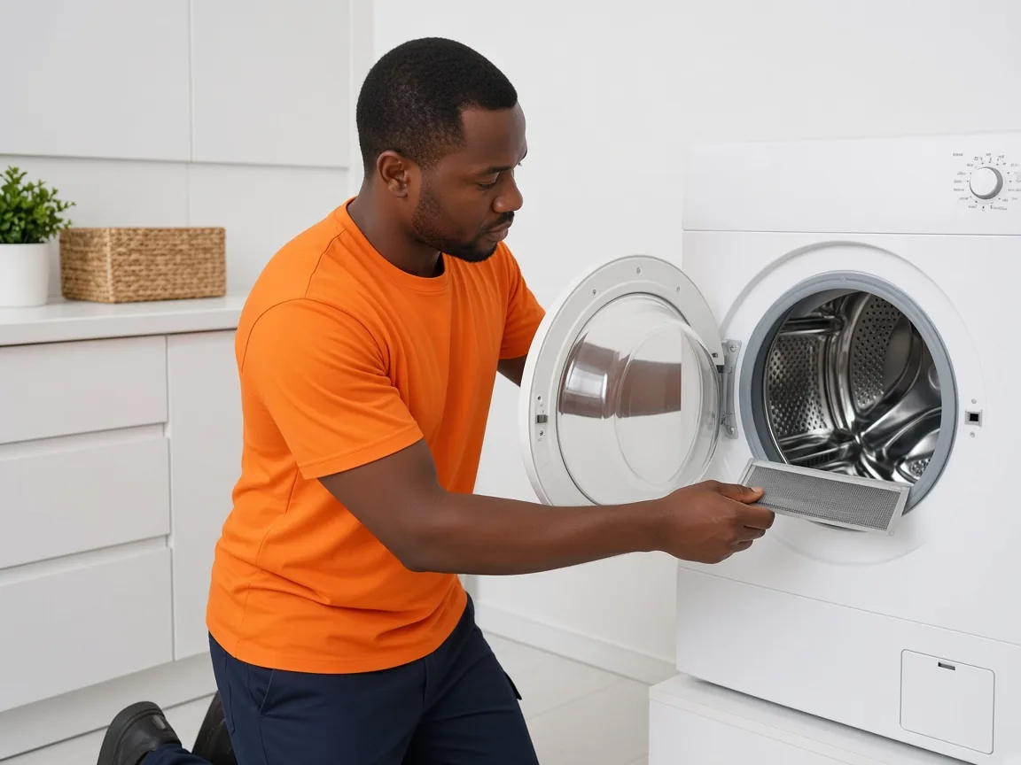 Technician checking tumble dryer heating and airflow