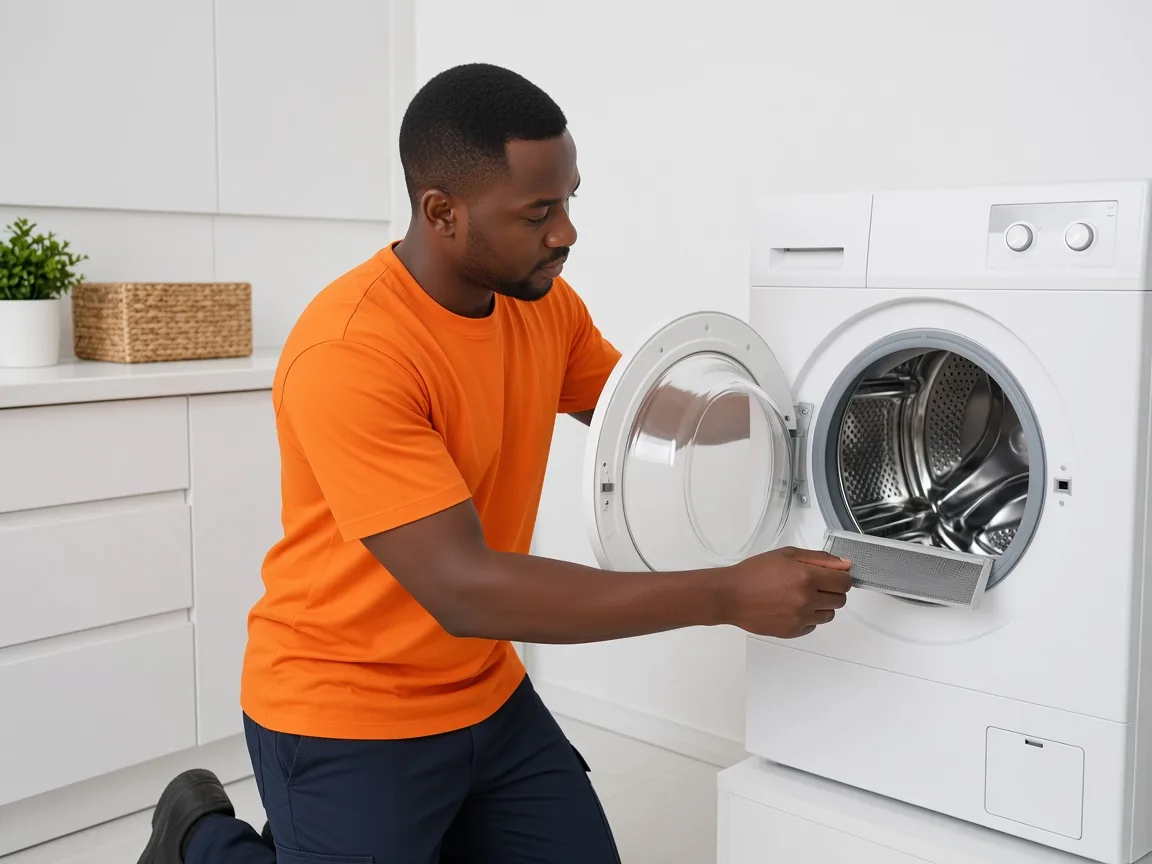 Technician inspecting a tumble dryer that is not heating