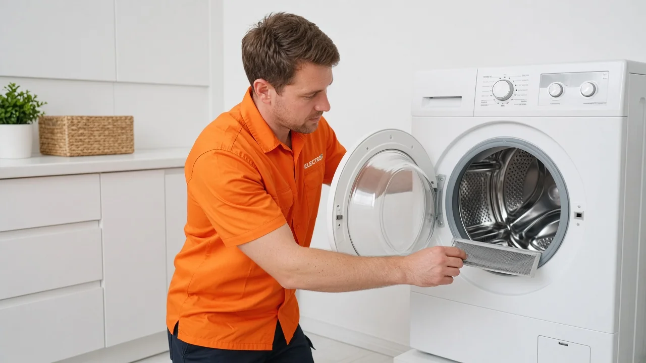 Technician inspecting a household tumble dryer