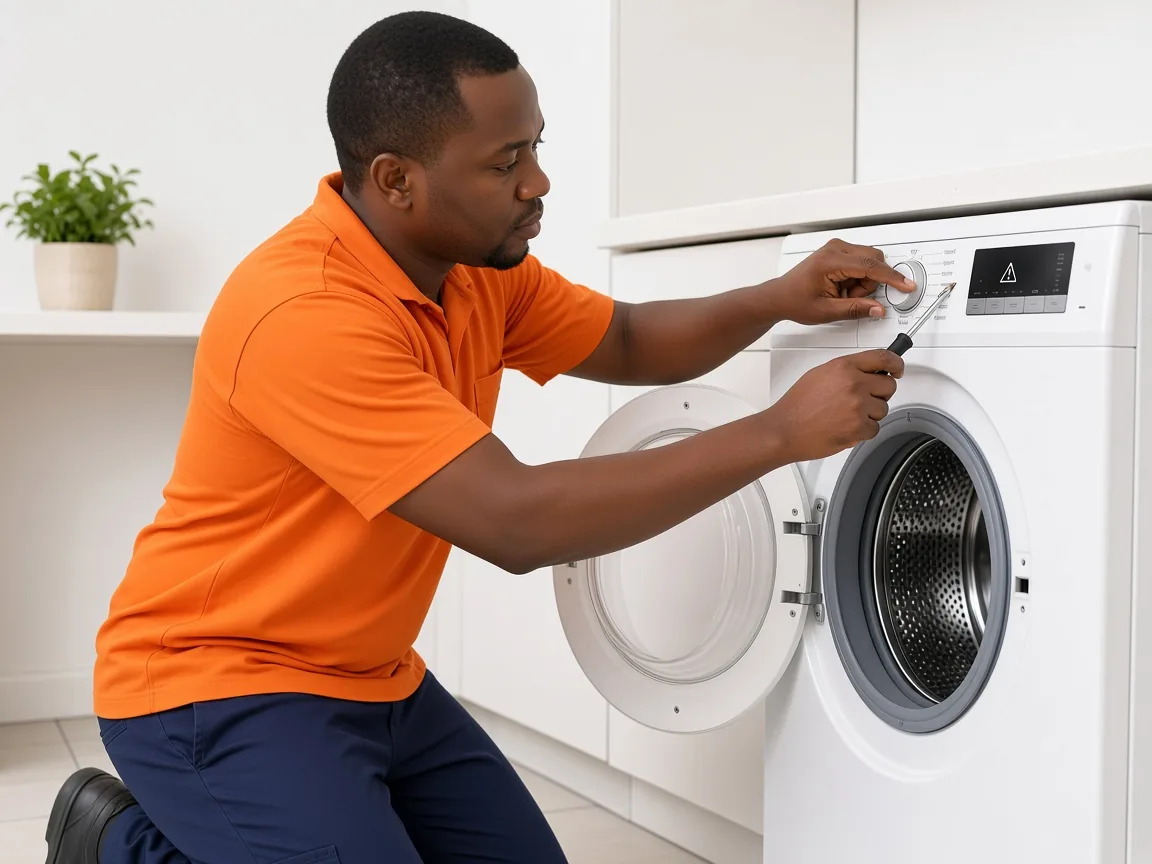 Technician reading a washing machine display during diagnosis