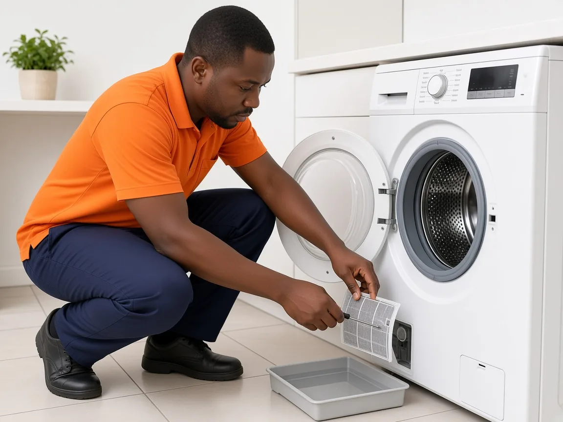 Technician working on a washing machine drainage area