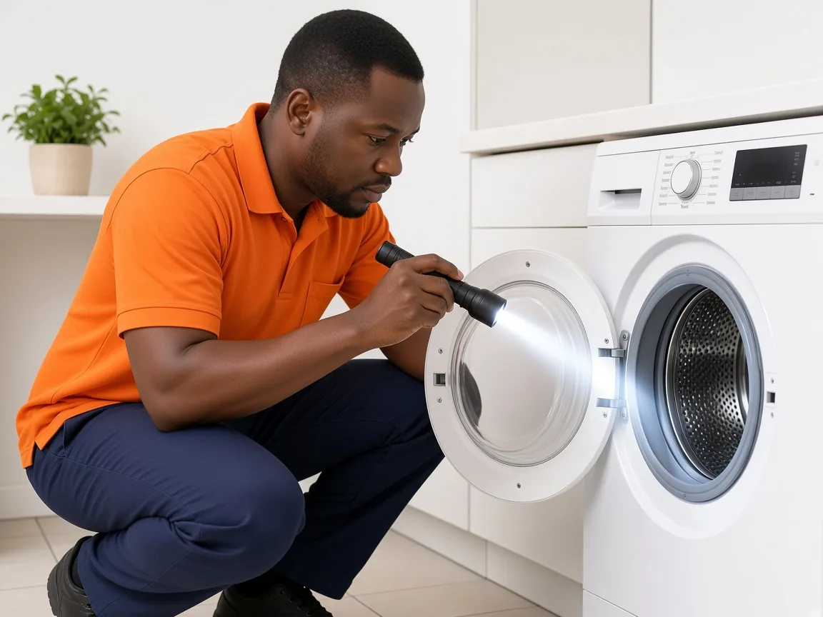 Technician inspecting a washing machine drum
