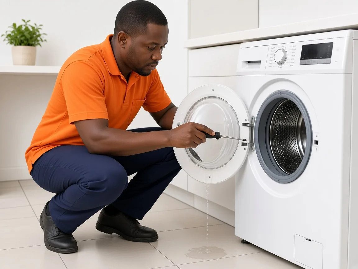 Technician inspecting a washing machine for a water leak