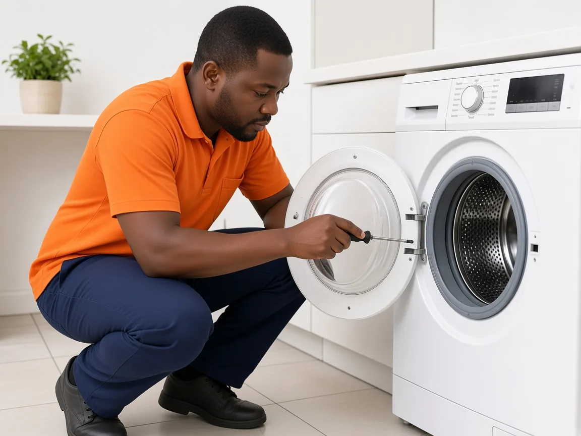 Technician diagnosing a washing machine that is not spinning