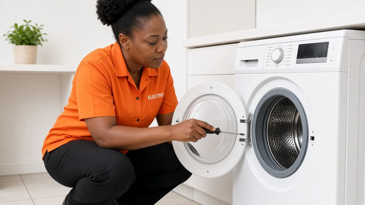 Technician inspecting a front-load washing machine