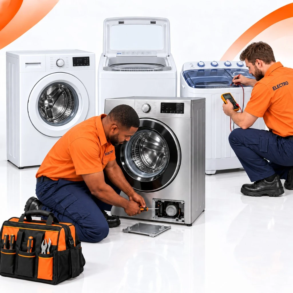 Two Electro technicians repairing front-loading, top-loading and twin-tub washing machines