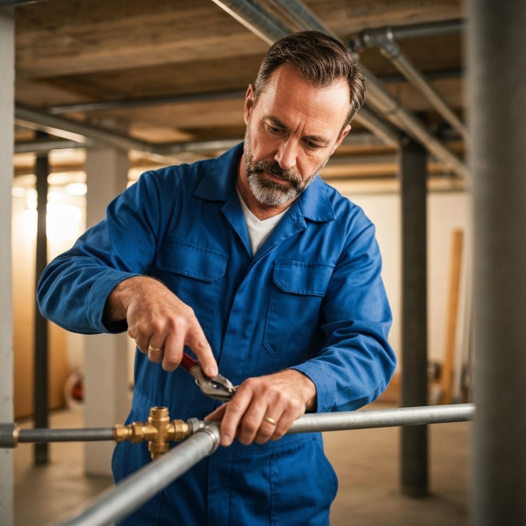 Technician working on appliance water and pipe connections